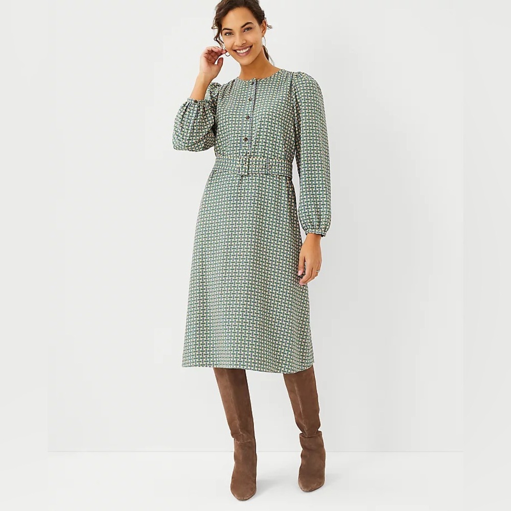 Ann Taylor Chain Tan/Blue/Green Print Belted Midi Dress Size XS